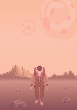 Astronot Mars veya başka bir gezegende bir uzay giysisi içinde. Kayalık çöl manzara. Vektör çizim.