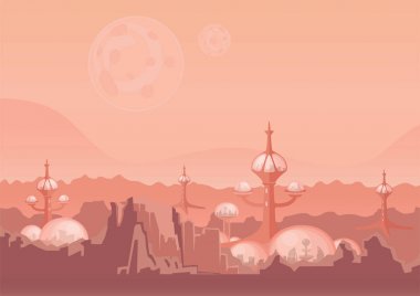Geleceğin uzay kolonisi şehri. Mars'ın fütüristik binalar ile insan yerleşim. Vektör çizim.