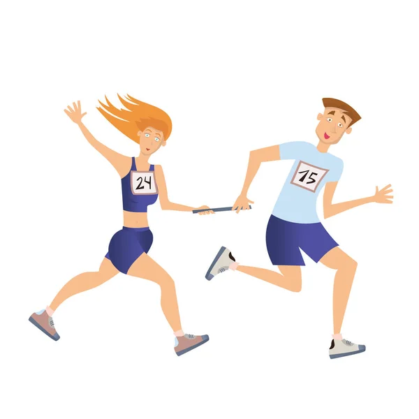 Carrera de relevos. Corriendo hombre y mujer. Ilustración vectorial, aislada en blanco . — Archivo Imágenes Vectoriales