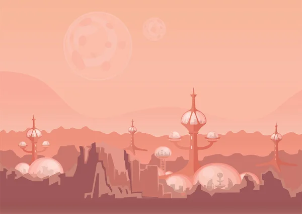 La ciudad del futuro, una colonia espacial. Asentamiento humano con edificios futuristas en Marte. Ilustración vectorial . — Vector de stock