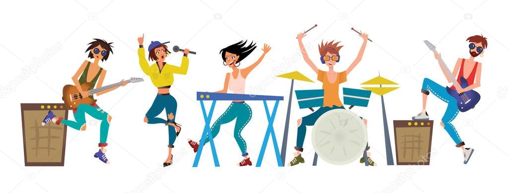 Rock band. Men and women play musical instruments. Guitarists, keyboardist, drummer and singer. Vector illustration, isolated on white background.