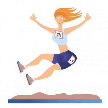 Kadın uzun atlama yapıyor. Hafif Atletizm. Vektör çizim, beyaz arka plan üzerinde izole.