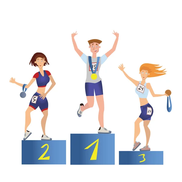 Atleten op het podium. Man en vrouw met medailles. Sport concurrentie. Vectorillustratie, geïsoleerd op wit. — Stockvector