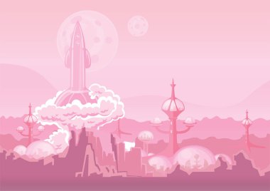 City of the future on another planet and rocket blasting off. Space colony, human settlement on Mars. Vector illustration. clipart