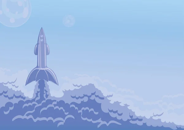 Rocket launch, space ship and cloud of smoke. Vector illustration with copy space.