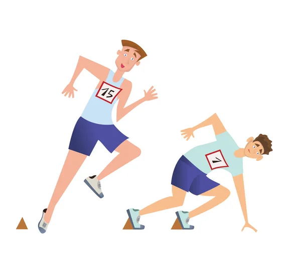 Corredores velocistas comienzan. Dos hombres al comienzo de la competencia. Ilustración vectorial, aislada sobre fondo blanco . — Archivo Imágenes Vectoriales