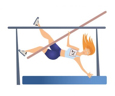 Kadın sırıkla atlama. Kadın yüksek, sporcumuz. Vektör çizim, üzerinde beyaz izole.