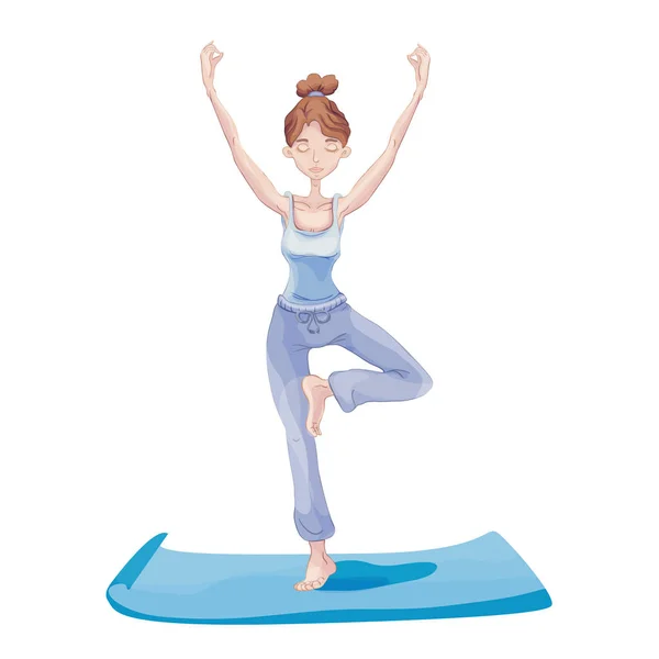 Mujer joven practicando yoga, de pie sobre una pierna. Ejercicio de Vrikshasana, pose de árbol. Ilustración vectorial, aislada sobre fondo blanco . — Vector de stock