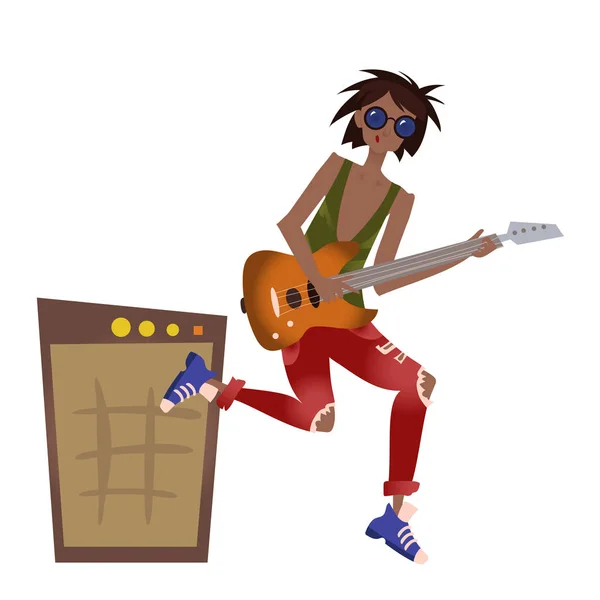 En ung svart man spela gitarr. Vaggamusiker. Vektorillustration, isolerad på vit. — Stock vektor