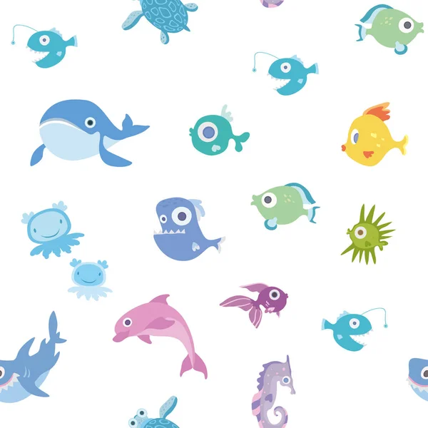 卡通海洋动物，无缝模式。鲸鱼、 鲨鱼、 海豚和其他的鱼和动物。矢量背景图. — 图库矢量图片
