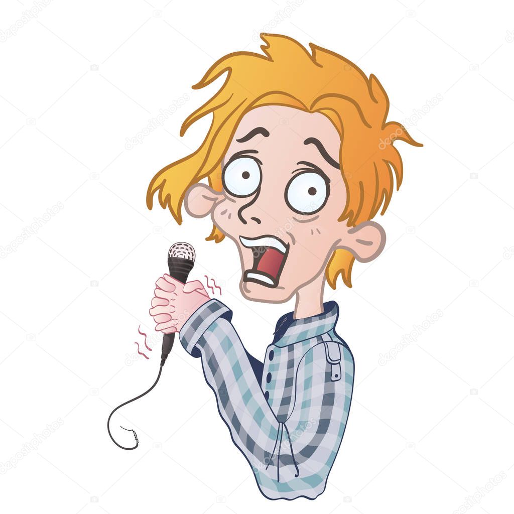 Young man sings or shouts into the microphone. Vector illustration, isolated on white background.