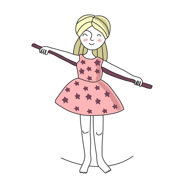 Chica cuerda floja Walker caminando sobre un alambre con un poste, el artista del circo. Ilustración vectorial, aislada sobre fondo blanco . — Vector de stock