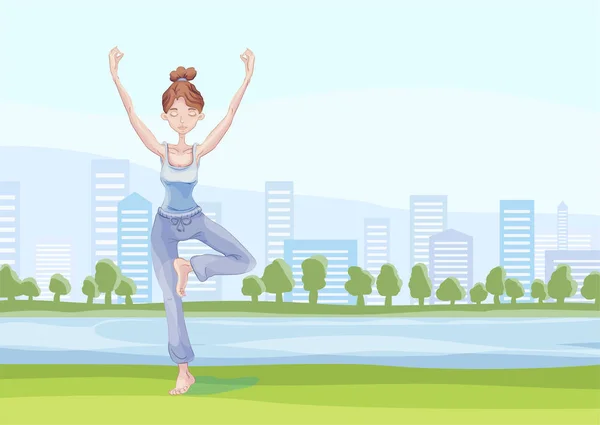 Jeune femme pratiquant le yoga dans le parc de la ville, debout sur une jambe. Exercice Vrikshasana, pose d'arbre. Illustration vectorielle, isolée sur fond blanc . — Image vectorielle