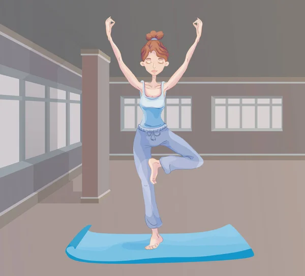 Jeune femme pratiquant le yoga en studio, debout sur une jambe. Exercice Vrikshasana, pose d'arbre. Illustration vectorielle, isolée sur fond blanc . — Image vectorielle