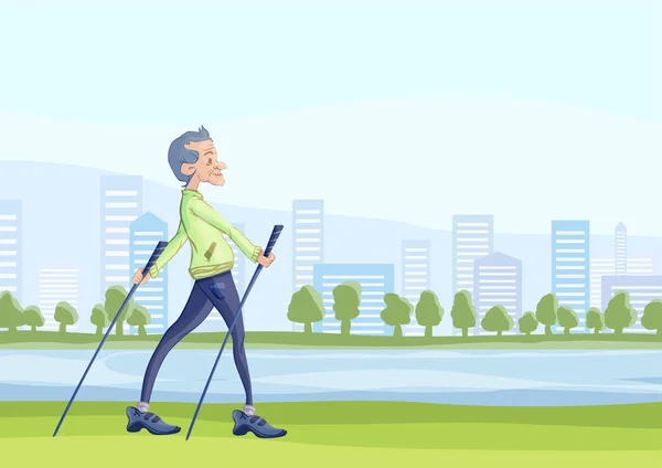 Ein älterer Mann übt sich im Nordic Walking im Freien. aktiver Lebensstil und sportliche Aktivitäten im Alter. Vektorillustration. — Stockvektor