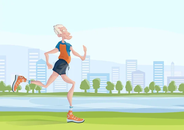 Пожилой человек практикует бег на свежем воздухе. Активный образ жизни и спортивные мероприятия в пожилом возрасте. Векторная иллюстрация . — стоковый вектор