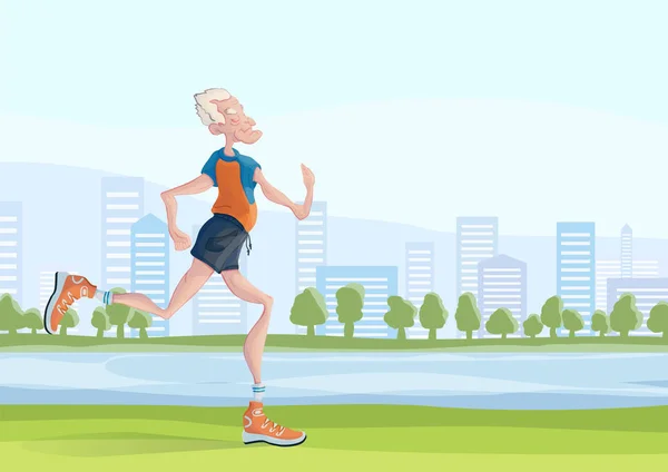 Un anciano practica correr al aire libre. Estilo de vida activo y actividades deportivas en la vejez. Ilustración vectorial . — Vector de stock