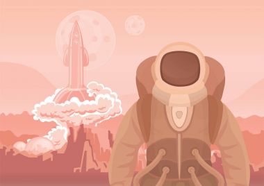 Astronot Mars veya başka bir gezegen. Mekiği kapalı püskürtme bir roket. Vektör çizim.