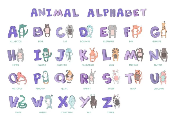 Handritade alfabetet, teckensnitt, bokstäver. Doodle Abc för barn med söta djur tecken. Vektorillustration, isolerad på vit. — Stock vektor
