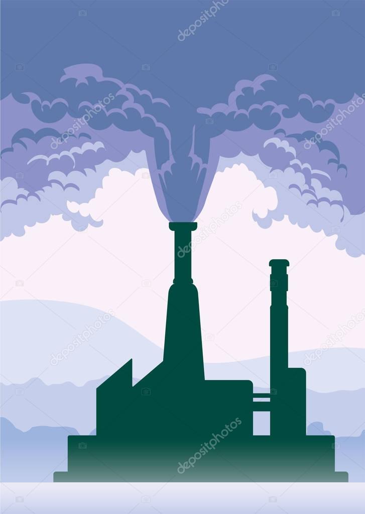 Environmental pollution poster. Smoke from a factory chimney. Vector illustration with copy space.