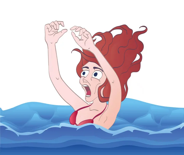 Screaming drowning in water woman. Aquaphobia. Vector illustration, isolated on white. — Stock Vector