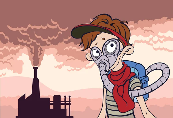Plakát znečištění životního prostředí. Kouř z komínu továrny a muž v plynové masce. Post-apokalyptickou krajinu. Vektorové ilustrace s kopií prostor. — Stockový vektor