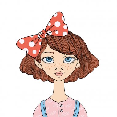 Saçında bir yay ile şirin mavi gözlü kız. Vektör portre çizim, beyaz arka plan üzerinde izole.