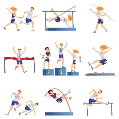 Hafif Atletizm küme. Spor erkek ve kadın Atletizm çeşitli girmişlerdir. Vektör çizim, üzerinde beyaz izole.