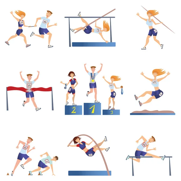 Lichte Atletiek set. Sport mannen en vrouwen betrokken bij verschillende soorten atletiek. Vectorillustratie, geïsoleerd op wit. — Stockvector