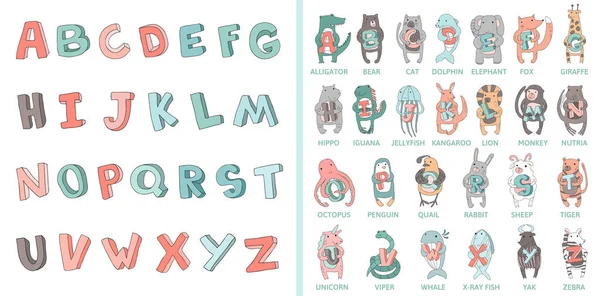 Alfabeto dibujado a mano, fuente, letras. Doodle ABC para niños con lindos personajes de animales. Ilustración vectorial, aislada en blanco . — Vector de stock
