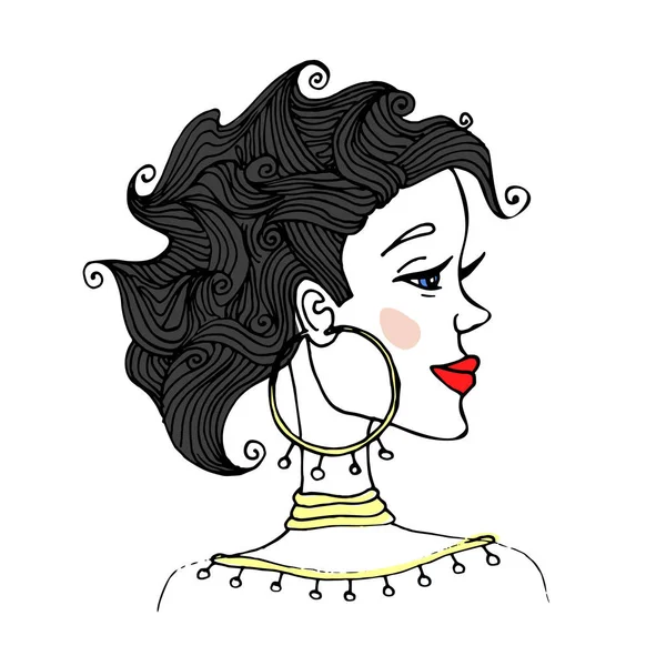 Potret wanita dengan rambut keriting dalam profil. Ilustrasi vektor, diisolasi pada latar belakang putih . - Stok Vektor