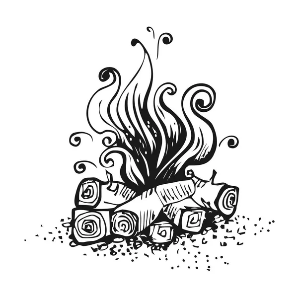 キャンプファイヤー、木製の丸太に火。黒と白のグラフィックのベクトル図では、白で隔離. — ストックベクタ