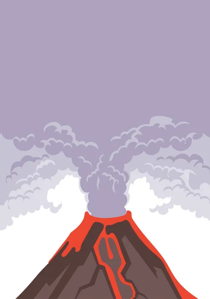 La erupción del volcán, humo y ceniza volcánica en el cielo. La lava caliente fluye por la ladera de la montaña. Ilustración vectorial . — Vector de stock