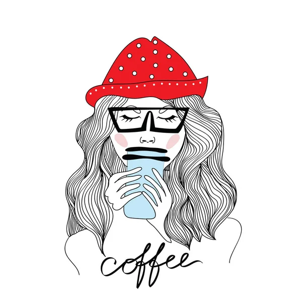 Uma jovem de chapéu vermelho a beber café. Ilustração vetorial, isolada sobre fundo branco . —  Vetores de Stock