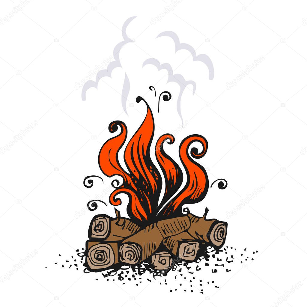 Campfire, fire over wood logs. Vector illustration, isolated on white.