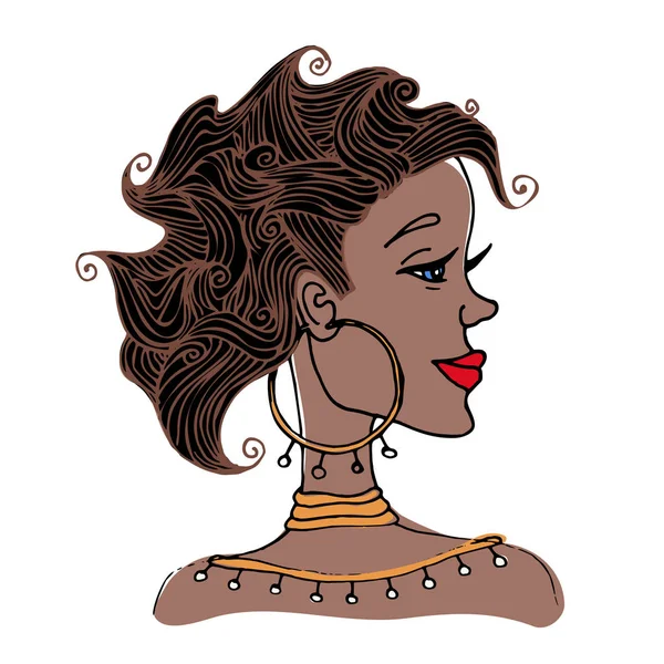 Potret wanita kulit hitam dengan rambut keriting di profil. Ilustrasi vektor, diisolasi pada latar belakang putih . - Stok Vektor