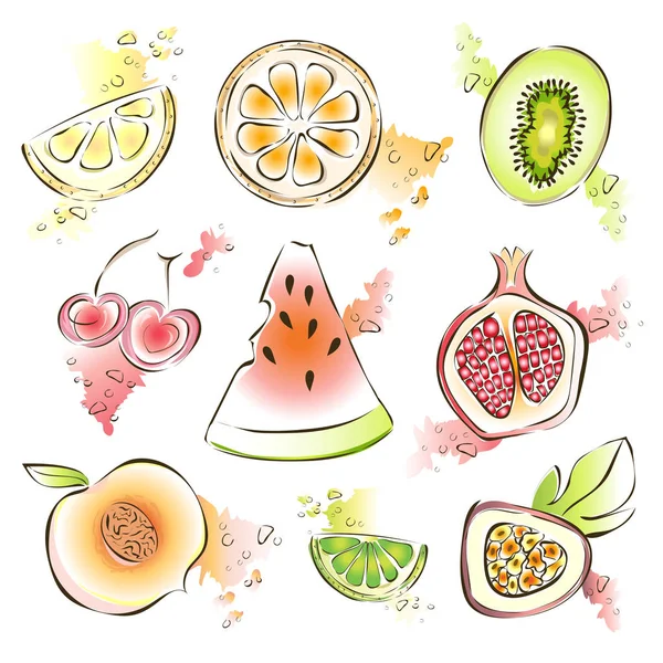 Exotisk frukt set. Vektorillustration, isolerade på vitt. Vattenmelon, granatäpple, kiwi, citron och andra saftiga frukter. — Stock vektor