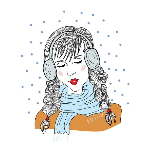 Junges Mädchen mit Kopfhörern, das mit geschlossenen Augen unter den fallenden Schneeflocken steht. Vektordarstellung, isoliert auf weißem Hintergrund. — Stockvektor