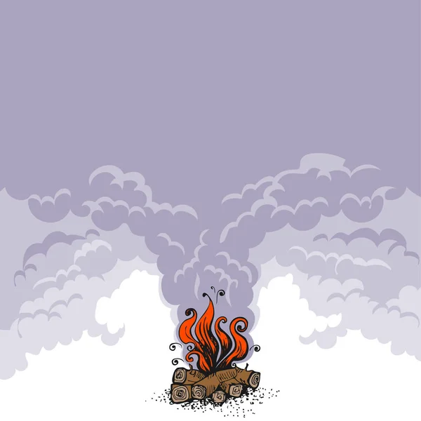 Lagerfeuer, Feuer über Holzscheiten und Rauchwolken. Vektorillustration. — Stockvektor