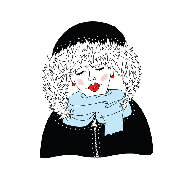 Mladá dívka s kapucí Srst, zimní oblečení. Vektorové ilustrace, izolované na bílém. — Stockový vektor