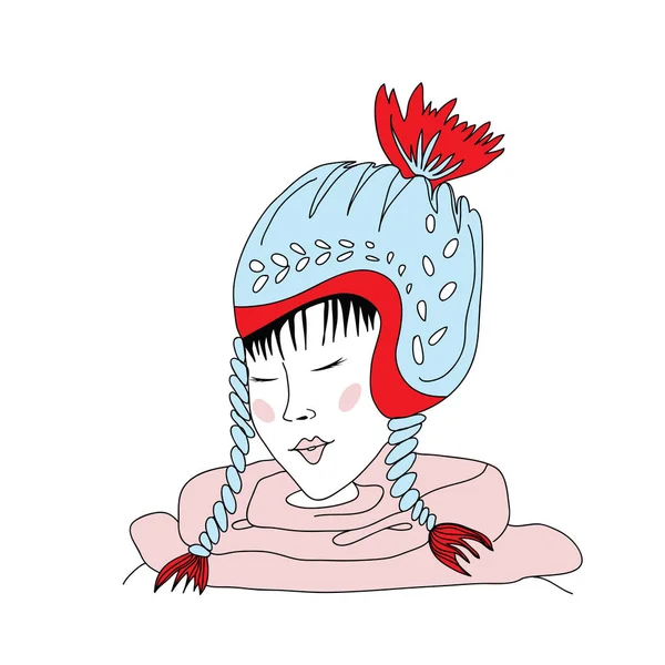 Gadis Asia dengan mata tertutup dengan topi musim dingin. Ilustrasi vektor, diisolasi pada latar belakang putih . - Stok Vektor