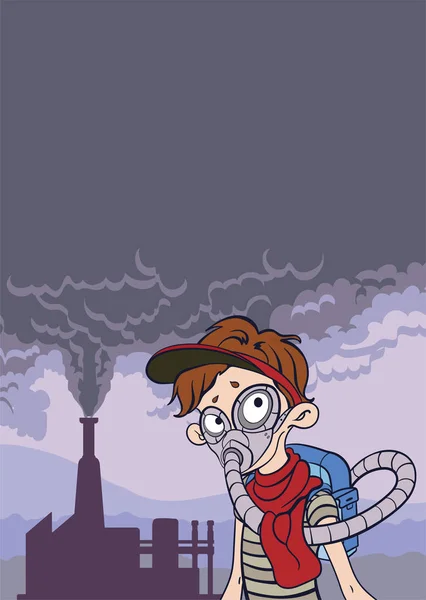 Cartel de contaminación ambiental. Humo de una chimenea de fábrica y hombre con máscara de gas. Paisaje post-apocalíptico. Ilustración vectorial con espacio de copia . — Archivo Imágenes Vectoriales