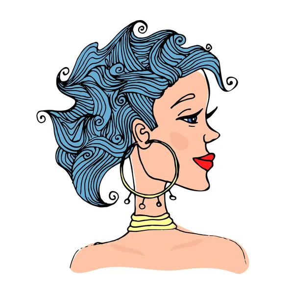 Potret wanita dengan rambut keriting dalam profil. Ilustrasi vektor, diisolasi pada latar belakang putih . - Stok Vektor