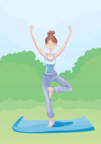 Chica joven practicando yoga al aire libre. Ilustración vectorial . — Vector de stock