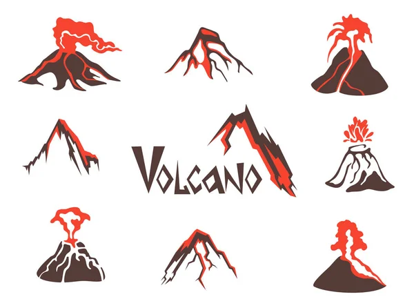 Volcano logo set. Volcanic eruption. Vector illustration, isolated on white. — Stock Vector