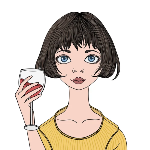 Junges nettes Mädchen mit einem Glas Rotwein. Vektordarstellung, isoliert auf weißem Hintergrund. — Stockvektor