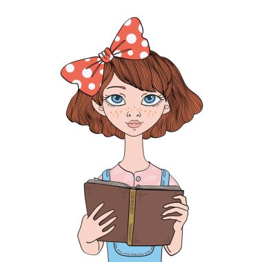 Güzel kız bir kitap okuma... Genç kadın portre. Vektör çizim, beyaz arka plan üzerinde izole.