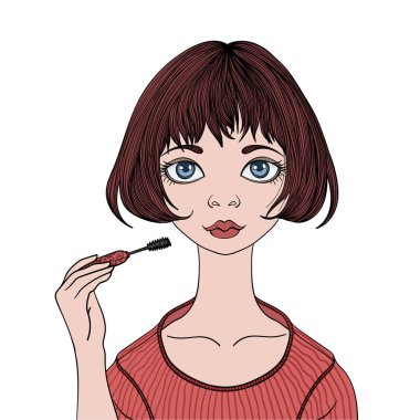 Güzel kız kirpik maskara boyar. Genç kadının makyaj yapması. Vektör portre çizim, beyaz arka plan üzerinde izole.