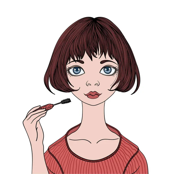 Hezká dívka barvy řas mascara. Mladá žena dělá make-up. Vektorové ilustrace portrét, izolované na bílém pozadí. — Stockový vektor