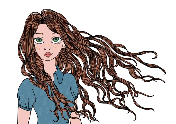 Una chica joven con el pelo largo ondeando en el viento. Ilustración de retratos vectoriales, aislados en blanco . — Vector de stock